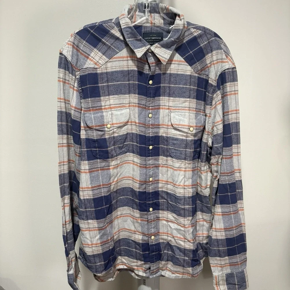 Lucky Brand Pearl Snap Blue White Plaid Flannel Sz L Western Saturday Stretch